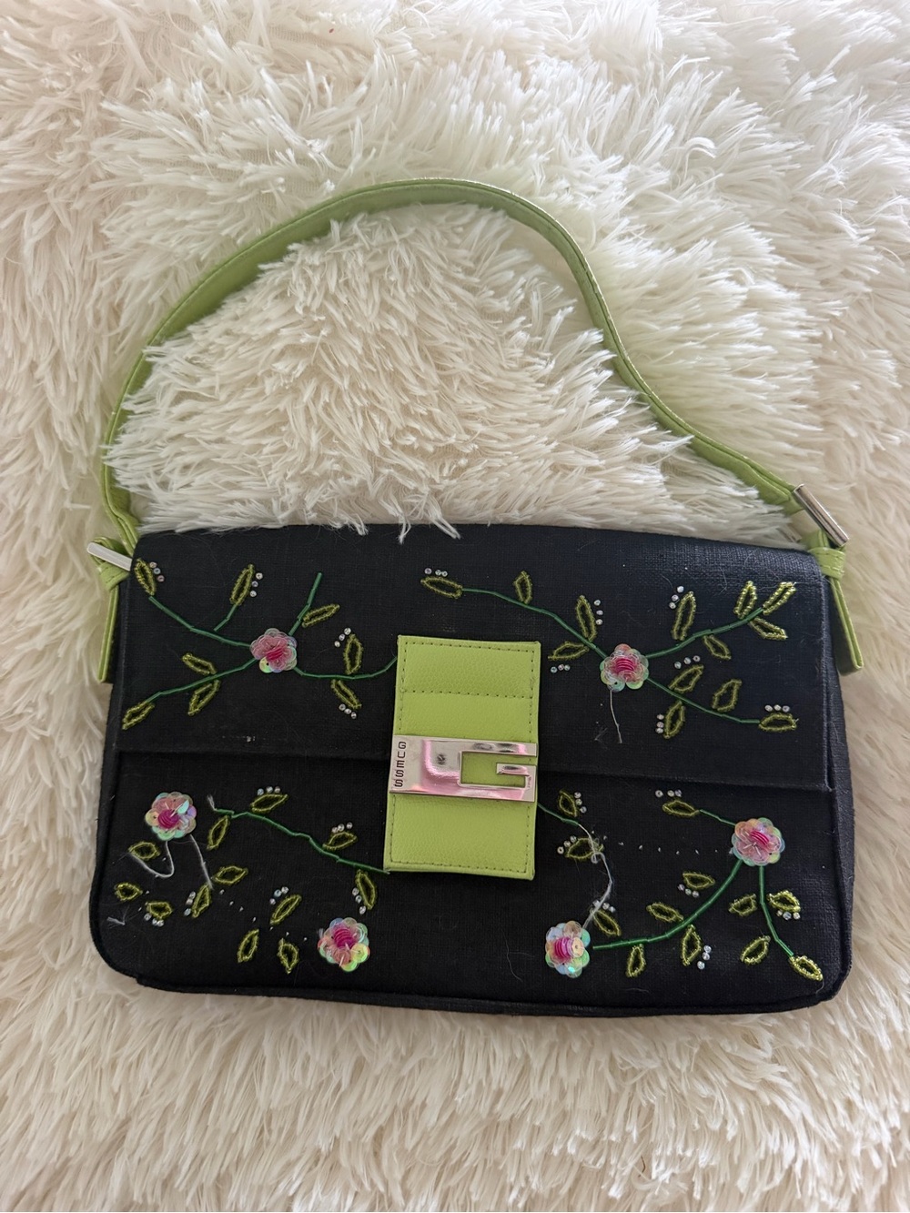 Vintage Y2K GUESS Black Lime Green Beaded Floral Baguette Shoulder Bag